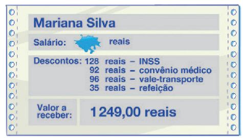 Imagem de contracheque com as seguintes informações: 'Mariana Silva. Salário: x reais. Descontos: 128 reais - INSS; 92 reais - convênio médico; 96 reais - vale-transporte; 35 reais - refeição. Valor a receber: 1.249,00 reais.'