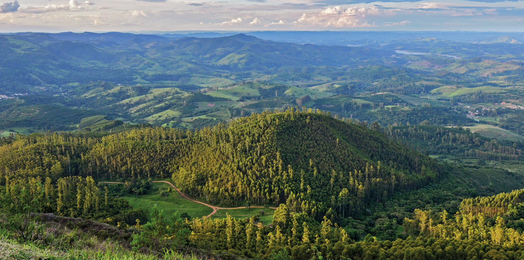 Fotografia. Paisagem de montes de diferentes tamanhos com vários tipos de árvores e áreas mais planas com vegetação. Ao fundo, no horizonte, na parte superior direita, céu com nuvens.