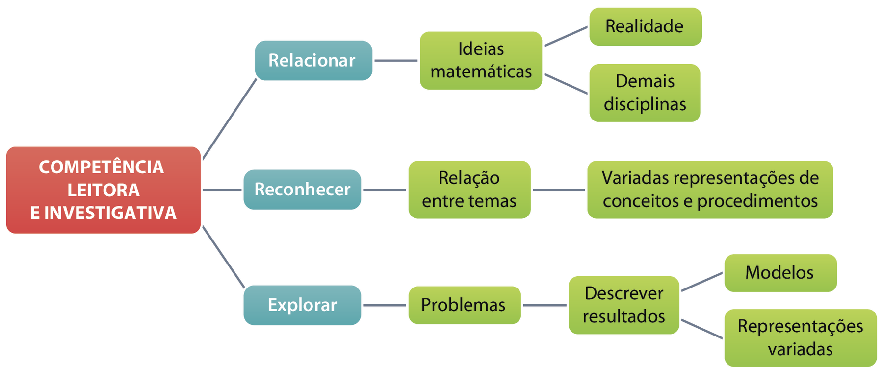 Esquema com caixas legendadas ligadas por fios.  Caixa vermelha com legenda em branco Competência leitora e investigativa ligada a três caixas azuis com legendas em branco: Relacionar, Reconhecer, Explorar. Caixa azul com legenda em branco Relacionar ligada à caixa verde com legenda em preto Ideias matemáticas, que está ligada a duas caixas verdes com legendas em preto: Realidade; Demais disciplinas.  Caixa azul com legenda em branco Reconhecer ligada à caixa verde com legenda em preto Relação entre temas, que está ligada à caixa verde com legenda em preto Variadas representações de conceitos e procedimentos. Caixa azul com legenda em branco Explorar ligada à caixa verde com legenda em preto Problemas, que está ligada à caixa verde com legenda em preto Descrever resultados, ligada a duas caixas verdes com legendas em preto: Modelos; Representações variadas.