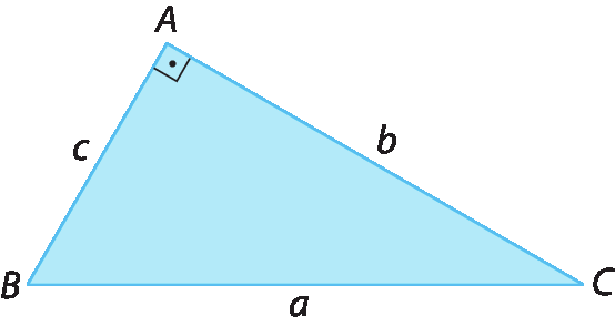 Figura geométrica. Triângulo retângulo azul de vértices A, B e C sendo que o ângulo reto está no vértice A. O lado BC mede a e é o maior lado, o lado AC mede b e o lado AB mede c.
