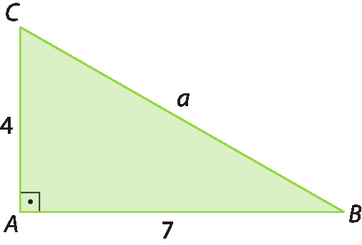 Figura geométrica. Triângulo retângulo verde de vértices A, B e C sendo que o ângulo reto está no vértice A. O lado BC mede a e é o maior lado, o lado AC mede 4 e o lado AB mede 7.