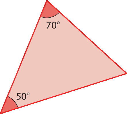 Ilustração. Triângulo vermelho com indicação de dois ângulos internos: 50 graus e 70 graus.