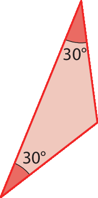 Ilustração. Triângulo vermelho com indicação de dois ângulos internos: 30 graus e 30 graus.