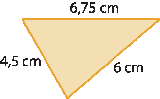 Figura geométrica. Triângulo laranja com lados medindo 6 vírgula 75 centímetros, 6 centímetros e 4 vírgula 5 centímetros.