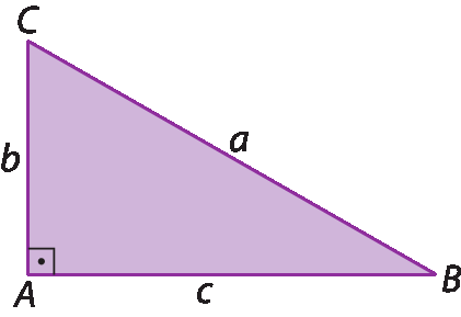 Figura geométrica. Triângulo retângulo roxo de vértices A, B e C sendo que o ângulo reto está no vértice A. O lado BC mede a e é o maior lado, o lado AC mede b e o lado AB mede c.