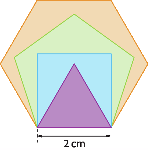 Figura geométrica. Figuras geométricas sobrepostas com um dos lados, da horizontal coincidindo, com indicação de medida de comprimento 2 centímetros. Hexágono regular laranja, sobreposto a ele um pentágono regular verde, sobreposto a ele um quadrado azul e sobreposto a ele um triângulo equilátero roxo.