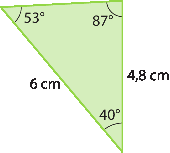 Figura geométrica. Triângulo verde com 2 lados medindo 6 centímetros e 4 vírgula 8 centímetros. Medida do ângulo formado entre os lados que medem 6 centímetros e 4 vírgula 8 centímetros: 40 graus. Medida do ângulo formado entre o lado que mede 6 centímetros e o lado de medida desconhecida: 53 graus. Medida do ângulo formado entre o lado que mede 4 vírgula 8 centímetros e o lado de medida desconhecida: 87 graus.