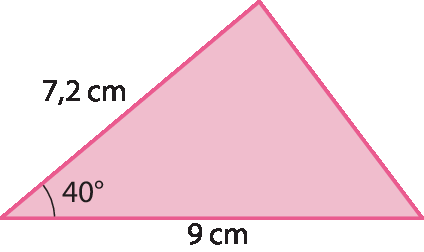 Figura geométrica. Triângulo vermelho com 2 lados medindo 9 centímetros e 7 vírgula 2 centímetros. Medida do ângulo formado entre esses lados: 40 graus.