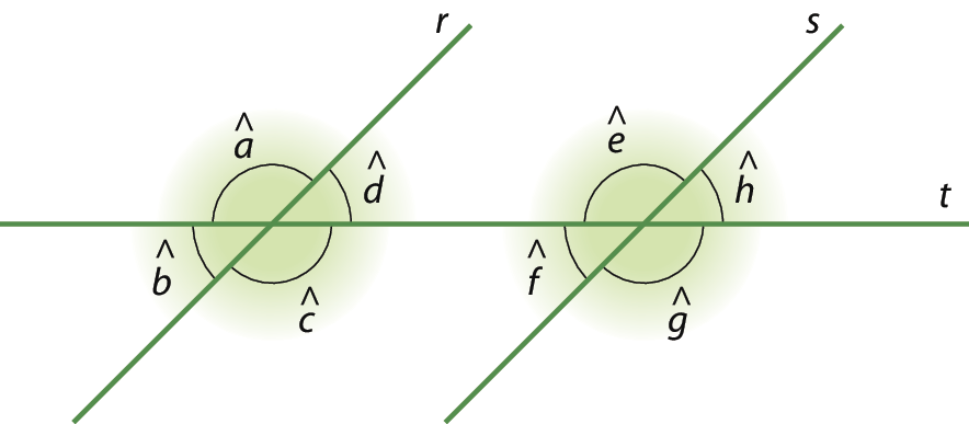 Figura geométrica. Três retas verdes nomeadas r, s e t. As retas r e s são paralelas. A reta t está na horizontal e corta as outras duas, tem um ponto em comum com a reta r e outro ponto em comum com a reta s.  No ponto em comum entre as retas r e t, são formados 4 ângulos, nomeados a, b, c e d. O ângulo a está à esquerda da reta r e acima da reta t. O ângulo b está à esquerda da reta r e abaixo da reta t. O ângulo c está à direita da reta r e abaixo da reta t. O ângulo d está à direita da reta r e acima da reta t. No ponto em comum entre as retas s e t, são formados 4 ângulos, nomeados e, f, g e h.  O ângulo e está à esquerda da reta s e acima da reta t. O ângulo f está à esquerda da reta s e abaixo da reta t. O ângulo g está à direita da reta s e abaixo da reta t. O ângulo h está à direita da reta s e acima da reta t.