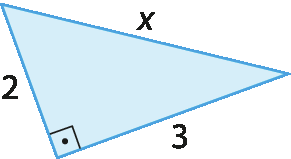 Figura geométrica. Triângulo retângulo azul com hipotenusa de medida x, catetos de medidas 2 e 3.