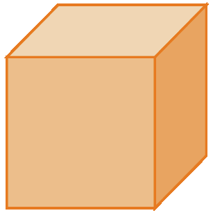 Figura geométrica. Cubo laranja com medida do volume: 0 vírgula 027 metro cúbico.