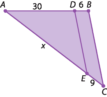 Figura geométrica. Triângulo ABC com triângulo ADE interno a ele. AD mede 30,  AE mede x, DB mede 6 e EC mede 9.