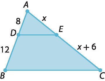 Figura geométrica. Triângulo ABC com triângulo ADE interno a ele. AD mede 8,  AE mede x, DB mede 12 e EC mede x mais 6.