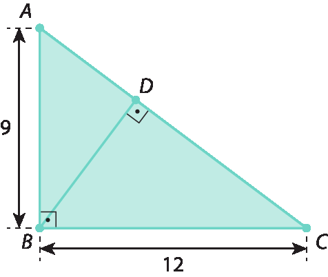 Figura geométrica. Triângulo retângulo ABC com ângulo reto em B dividido a partir da altura BD em outros dois triângulos retângulos: ABD e BCD, ambos com ângulo reto em D. AB mede 9 e BC mede 12.