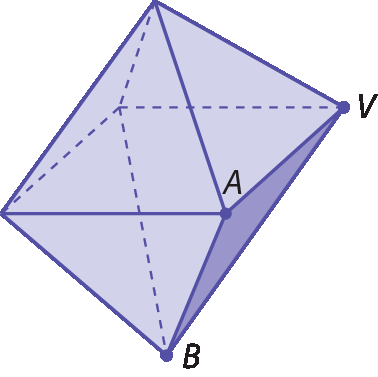 Figuras geométrica. Octaedro roxo com destaque para uma das faces com os pontos A, B e V.