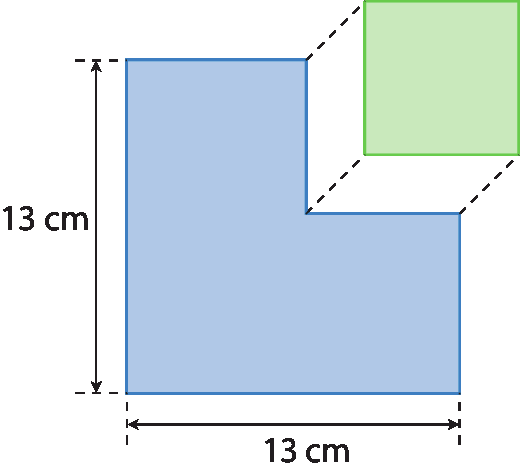 Figura geométrica. Quadrado azul com medida de comprimento 13 centímetros, com linhas tracejadas no canto superior direito indicando que um quadrado verde foi retirado do quadrado azul.