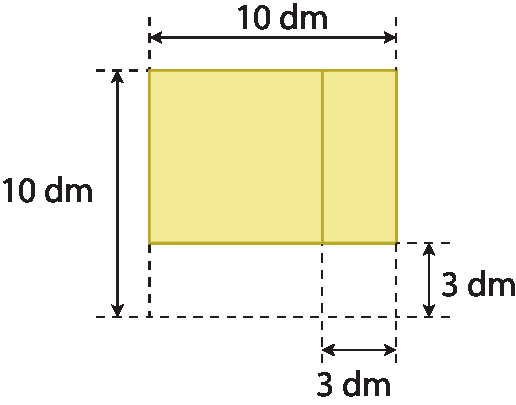 Figura geométrica. Quadrado com medida de comprimento de 10 decímetros, composto por: 1 quadrado amarelo, à direita, junto a ele 1 retângulo também pintado de amarelo, com medida de comprimento 3 decímetros. Abaixo do quadrado amarelo, 1 retângulo com linhas traceja e sem pintura, com medida de comprimento da largura de 3 decímetros, entre os dois retângulos, no canto inferior direito, 1 quadrado com linhas tracejadas e sem pintura, com medida de comprimento de 3 decímetros.