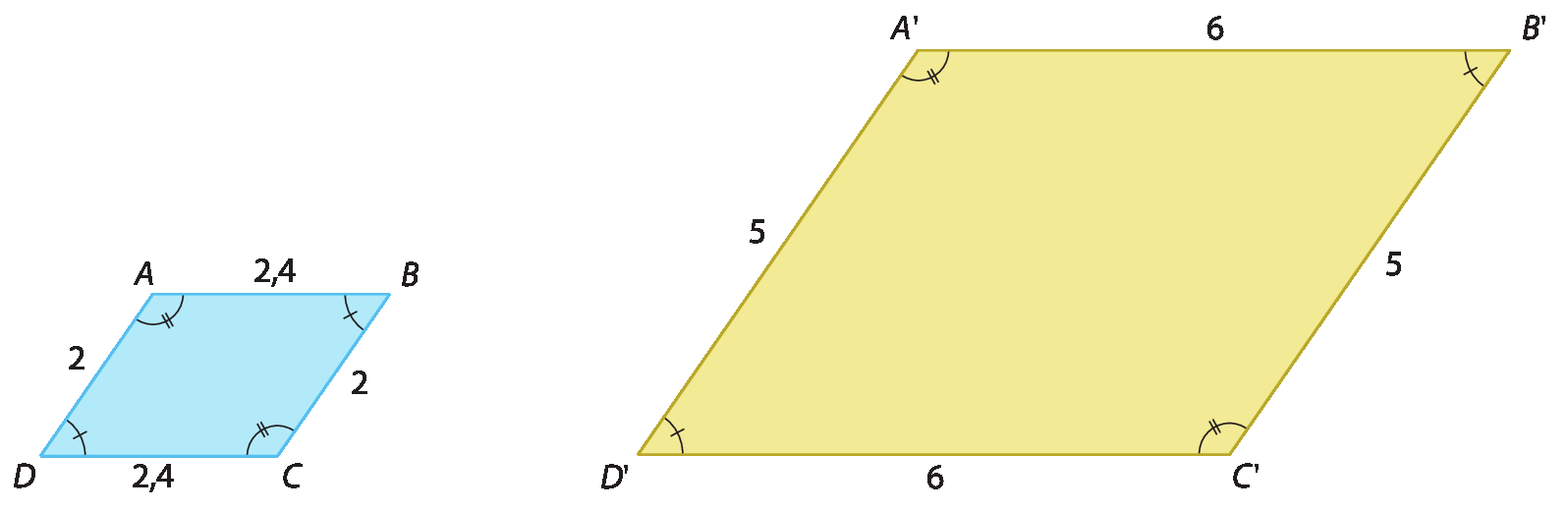 Figura geométrica. Dois paralelogramos. Na esquerda, paralelogramo azul determinado pelos vértices A, B, C e D sendo que os lados opostos AB e DC medem, cada um, 2 vírgula 4; e os lados opostos AD e BC medem, cada um, 2. Os ângulos nos vértices A e C tem indicação de dois tracinhos e os ângulos nos vértices B e D tem indicação de 1 tracinho. Na direita, paralelogramo amarelo determinado pelos vértices A linha, B linha, C linha e D linha sendo que os lados opostos A linha B linha e D linha C linha medem, cada um, 6; e os lados opostos A linha D linha e B linha C linha medem, cada um, 5. Os ângulos nos vértices A linha e C linha tem indicação de dois tracinhos e os ângulos nos vértices B linha e D linha tem indicação de 1 tracinho.