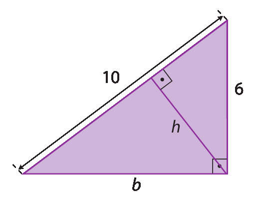 Figura geométrica. Triângulo retângulo com catetos de medida b e 6; hipotenusa de medida 10 e altura relativa à hipotenusa de medida h.