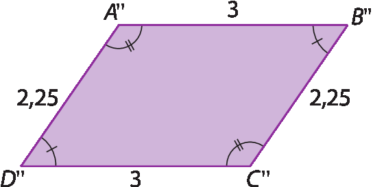 Figura geométrica. Paralelogramo roxo determinado pelos vértices A duas linhas, B duas linhas, C duas linhas e D duas linhas sendo que os lados opostos A duas linhas B duas linhas e D duas linhas C duas linhas medem, cada um, 3; e os lados opostos A duas linhas D duas linhas e B duas linhas C duas linhas medem, cada um, 2 vírgula 25. Os ângulos nos vértices A duas linhas e C duas linhas tem indicação de dois tracinhos e os ângulos nos vértices B duas linhas e D duas linhas tem indicação de 1 tracinho.