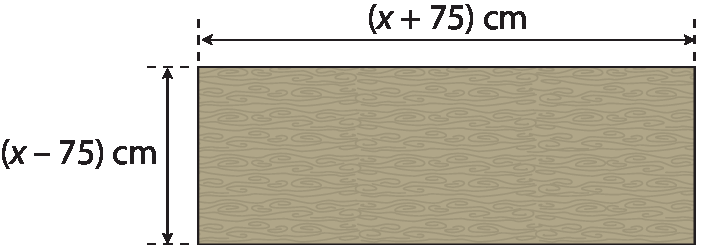 Figura geométrica. Retângulo marrom com medida de comprimento, abre parênteses, x menos 75, fecha parênteses, centímetros e medida de comprimento da largura abre parênteses, x mais 75, fecha parênteses, centímetros.