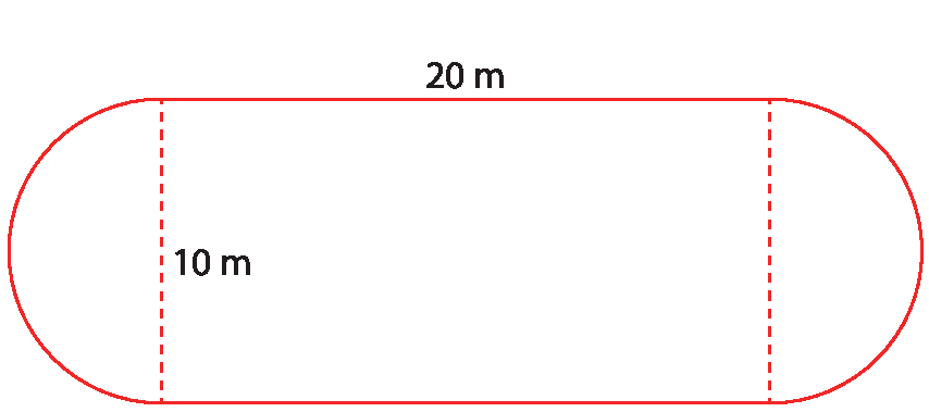 Figura geométrica. Figura delimitada por dois traços na horizontal paralelos e duas semicircunferências na cor vermelha. Na parte reta cota acima indicando 20 metros. Linha tracejada indicando a distância entre os dois trechos retos, que corresponde ao diâmetro da semicircunferência com cota a direita indicando 10 metros.