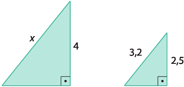 Figuras geométricas. Dois triângulos retângulos azuis. O da esquerda tem altura igual a 4 e lado oposto ao ângulo reto igual a x. O da direita tem altura igual a 2 vírgula 5 e lado oposto ao ângulo reto igual a 3 vírgula 2.