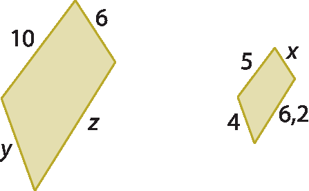 Figuras geométricas. Dois quadriláteros marrons semelhantes com indicações nas medidas dos lados. O da direita é uma redução do da esquerda. No quadrilátero da esquerda as medidas de comprimento dos lados são 10, 6, z e y. No quadrilátero da direita as medidas de comprimento dos lados são 5, x, 6 vírgula 2 e 4. Os lados correspondentes ao lados 10, 6, z e y são, respectivamente 5, x, 6 vírgula 2 e 4.