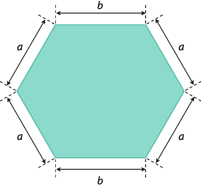 Figura geométrica. Hexágono azul com indicação em dois lados, que a medida do comprimento é b, e os outros quatro lados, tem a medida do comprimento a.