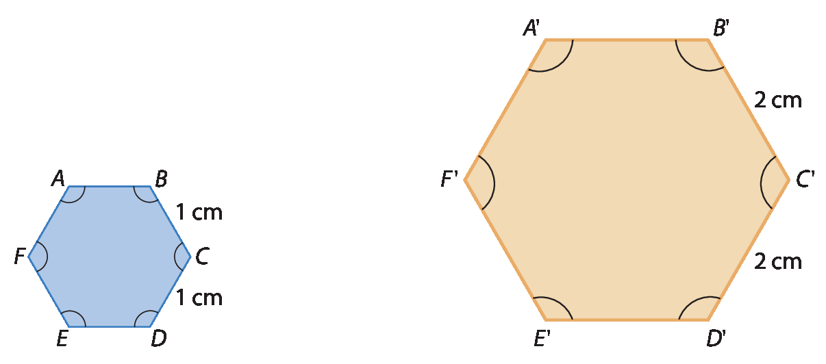 Figuras geométricas. Dois hexágonos regulares. Na esquerda, hexágono azul determinado pelos vértices A, B, C, D, E e F, sendo que cada lado mede 1 centímetro e todos os ângulos internos são congruentes. À direita, hexágono alaranjado determinado pelos vértices A linha, B linha, C linha, D linha, E linha e F linha, sendo que cada lado mede 2 centímetros e todos os ângulos internos são congruentes.