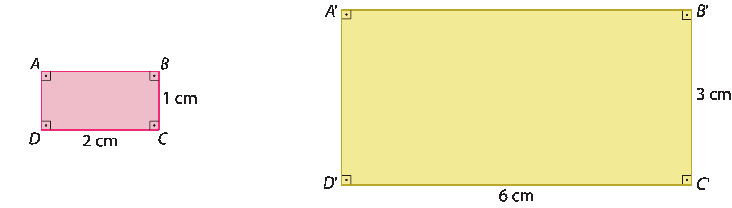 Figuras geométricas. Dois retângulos. À esquerda, retângulo rosa determinado pelos vértices A, B, C e D, sendo que há indicação da medida do lado CD de 2 centímetros e medida do lado BC de 1 centímetro e todos os ângulos internos são retos. À direita, retângulo amarelo determinado pelos vértices A linha, B linha, C linha e D linha, sendo que há indicação da medida do lado C linha D linha de 6 centímetros e medida do lado B linha C linha de 3 centímetros e todos os ângulos internos são retos.