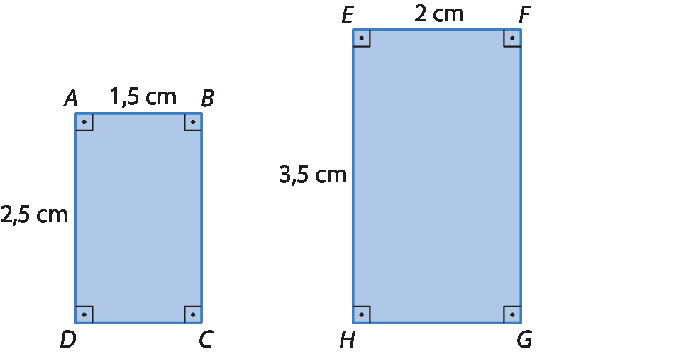 Figuras geométricas. Dois retângulos azuis. À esquerda, um determinado pelos vértices A, B, C e D, lados AB e DC na horizontal e de medida 1 vírgula 5 centímetros e lados AD e BC na vertical e de medida de 2 vírgula 5 centímetros e todos os ângulos internos são retos. À direita, lados EF e HG na horizontal e de medida 2 centímetros e lados EH e FG na vertical e de medida de 3 vírgula 5 centímetros e todos os ângulos internos são retos.