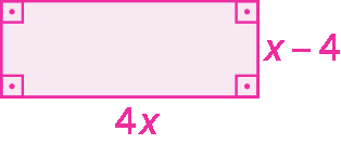 Figura geométrica. Retângulo com medida de comprimento 4x e medida de comprimento da largura x menos 4. Com indicação dos ângulos retos do retângulo.