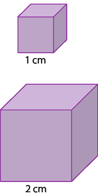 Figuras geométricas. Dois cubos roxos. Acima, um cubo de aresta de 1 centímetro e abaixo um de 2 centímetros de aresta.