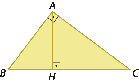 Figura geométrica. Triângulo retângulo amarelo com vértices A, B e C. No vértice A o ângulo reto. Ponto H pertencente ao lado BC de forma que o segmento AH é perpendicular ao lado BC.