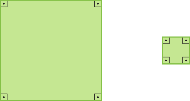 Figuras geométricas. Dois quadrados verdes com a indicação dos quatros ângulos retos. Quadrado da esquerda tem o lado com medida de comprimento maior que a medida de comprimento do quadrado da direita.