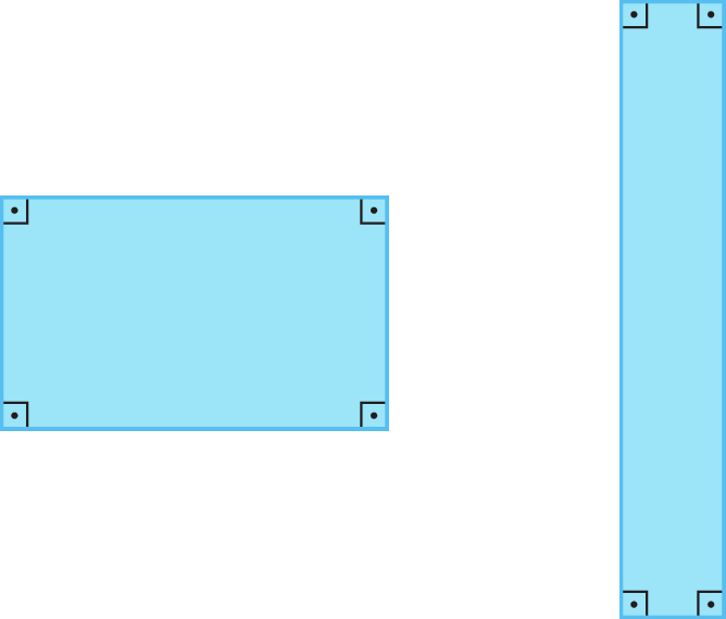 Figuras geométricas. Dois retângulos azuis com a indicação dos quatros ângulos retos. Retângulo da esquerda com os seus lados de maior medida de comprimento na horizontal. Retângulo da direita com os lados de maior medida na vertical. O maior lado do retângulo da direita tem comprimento maior que o maior lado do retângulo da esquerda e o menor lado do retângulo da direita tem comprimento menor que o menor lado do retângulo da esquerda.