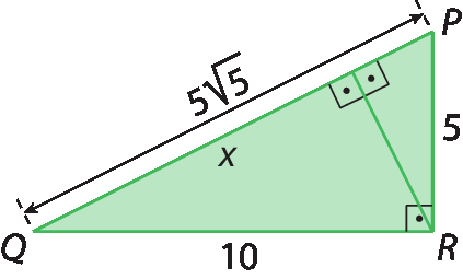 Figura geométrica. Triângulo retângulo PQR, com ângulo reto em R, com hipotenusa PQ de medida 5 raiz quadrada de 5, cateto PR de medida 5, cateto QR de medida 10. Medida da projeção do cateto QR sobre a hipotenusa PQ: x.