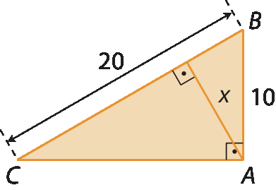 Figura geométrica. Triângulo retângulo ABC, com ângulo reto em A, com hipotenusa BC de medida 20, cateto AB de medida 10, e altura relativa à hipotenusa de medida x.