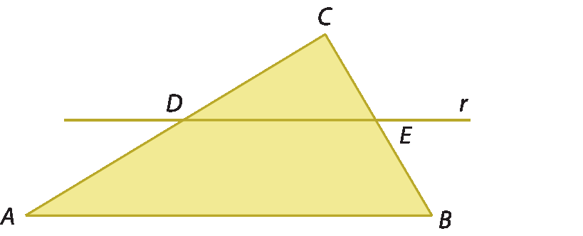 Figura geométrica. Triângulo ABC amarelo com um reta r paralela a base AB cortando os outros dois lados. A intersecção entre a reta r e o lado AC é o ponto de D e a intersecção entre a reta r e o lado BC é o ponto de E.
