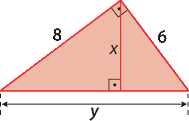 Figura geométrica. Triângulo retângulo com hipotenusa de medida y, catetos de medida 8 e 6, e altura relativa à hipotenusa  de medida x.