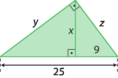 Figura geométrica. Triângulo retângulo  com hipotenusa de medida 25, catetos de medida y e z, e altura relativa à hipotenusa de medida x. Medida da projeção do cateto de medida z sobre a hipotenusa: 9.