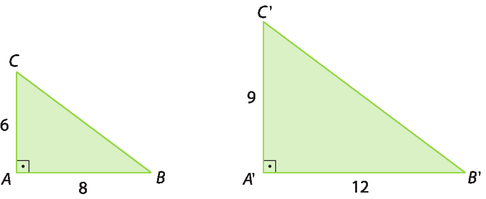 Figuras geométricas. Dois triângulos retângulos verdes. Triângulo ABC tem ângulo reto no vértice A. Cateto AB na horizontal e de medida de comprimento 8. Cateto AC na vertical e de medida de comprimento 6. Triângulo A linha, B linha e C linha tem ângulo reto no vértice A linha. Cateto A linha e B linha na horizontal e de medida de comprimento 12. Cateto A linha C linha na vertical e de medida de comprimento 9.