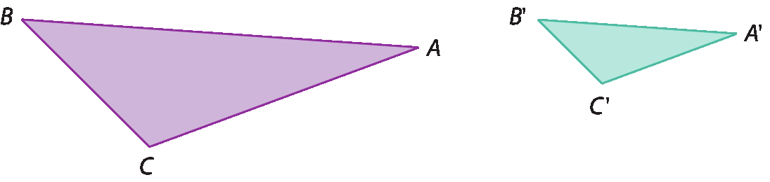 Figuras geométricas. Dois triângulos escalenos semelhantes. sendo triângulo ABC roxo e triângulo A linha B linha C linha é azul e uma redução do triângulo roxo.