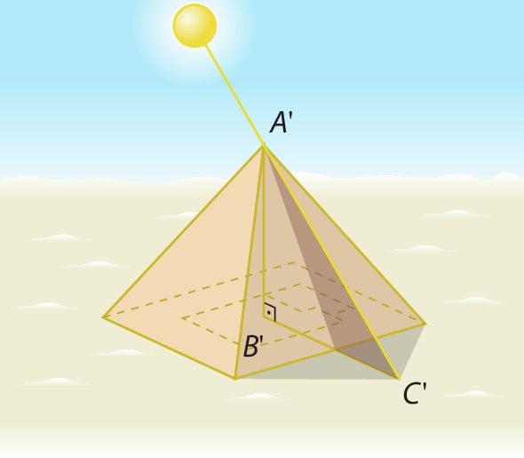 Esquema. Pirâmide de base quadrada. Sol  na parte superior iluminando a pirâmide de modo que forma uma sombra no chão. Está destacado um triângulo retângulo A linha B linha e C linha, sendo A linha no vértice do topo da pirâmide, B linha o vértice no centro da base quadrada e C linha vértice na ponta da sombra no chão.