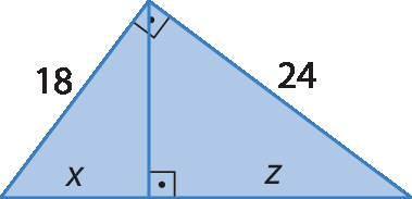 Figura geométrica. Triângulo retângulo com catetos de medida 18 e 24. Medida da projeção do cateto de medida 18 sobre a hipotenusa: x. Medida da projeção do cateto de medida 24 sobre a hipotenusa: z.