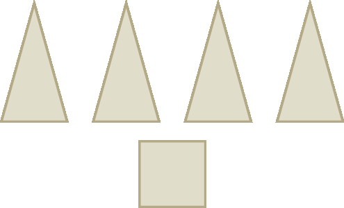 Figura geométrica. 5 figuras marrom, sendo 4 triângulos isósceles e 1 quadrado.