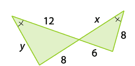 Figuras geométricas. Dois triângulos verdes com um vértice em comum.  O triângulo da esquerda tem base de medida de comprimento 8, outro lado de medida de comprimento igual a 12 e o terceiro lado de medida de comprimento y. O ângulo entre os lados de medida 12 e y tem indicação de um tracinho. O triângulo da direita tem base de medida de comprimento 6, outro lado de medida de comprimento igual a x e o terceiro lado de medida de comprimento 8. O ângulo entre os lados de medida x e 8 tem indicação de um tracinho. O vértice em comum é o vértice do encontro dos lados de comprimento 8 e 12 do triângulo da esquerda e de comprimento 6 e x do triângulo da direita.