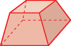 Figura geométrica. Sólido geométrico vermelho, formado por faces quadradas e paralelas, com a de cima menor que a de baixo. 4 faces laterais formadas por trapézios.