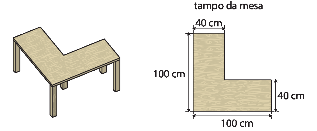 Ilustração. Mesa na cor marrom com formato da letra L. Ilustração. Tampo da mesa que lembra o formato da letra L maiúscula, com as medidas de comprimento: comprimento da parte superior da letra L 40 centímetros; lateral maior da letra L, à  esquerda, 100 centímetros; comprimento inferior da letra L, 100 centímetros; lateral menor da letra L, à direita, 40 centímetros.